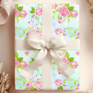 Papel De Presente Aquarela Rosas Inglesas Floral em Azul