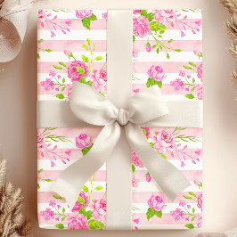 Papel De Presente Aquarela Rosas Inglesas Listras Rosa Branco