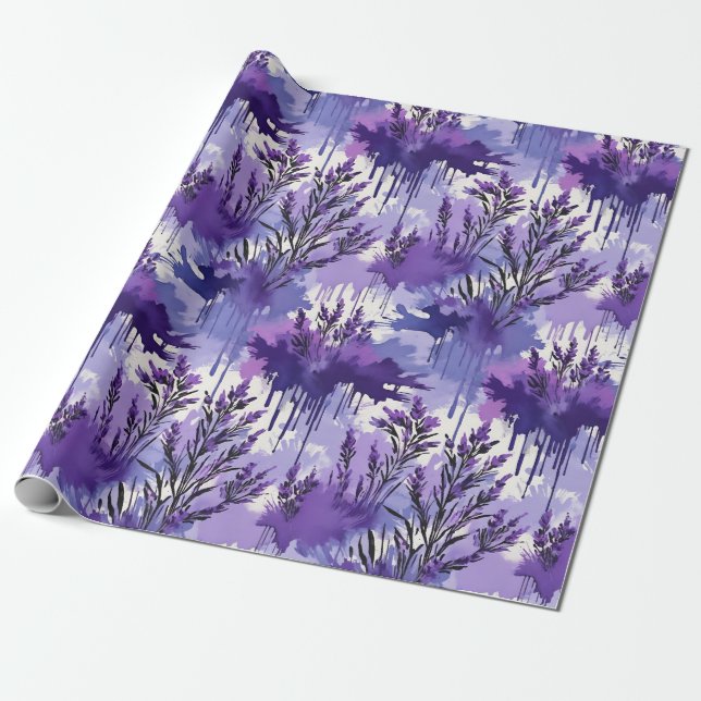 Papel De Presente Aquarela Roxa com Flores (Desenrolado)