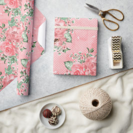 Papel De Presente Aquarela Shabby Chic Rosas Cor-de-Rosa e Pontos