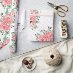 Papel De Presente Aquarela Shabby Chic Rosas Cor-de-Rosa e Pontos