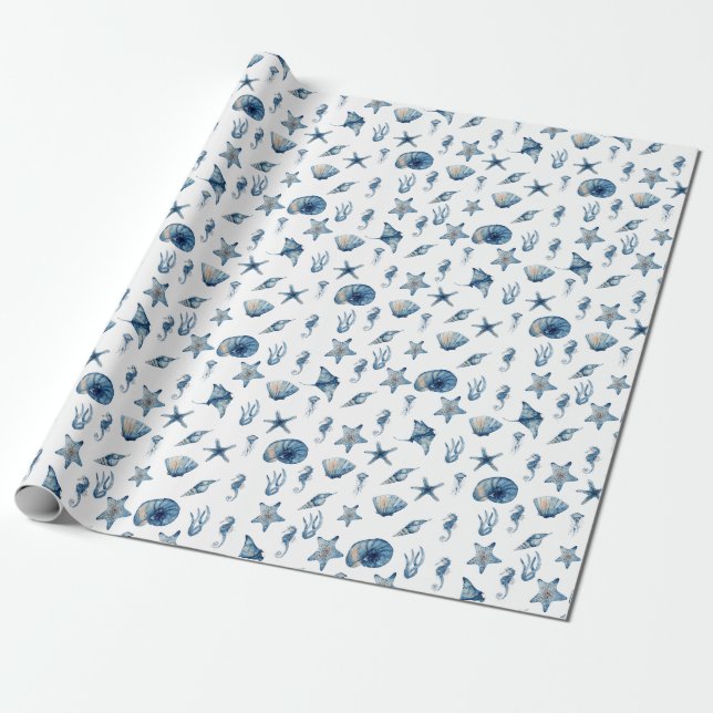 Papel De Presente Aquarela Sob O Padrão Marítimo (Desenrolado)