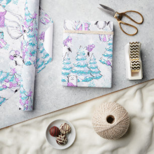 Papel De Presente Aquarela Urso Polar e Pinguins Amigos Fofos