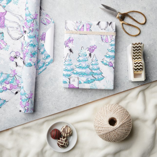 Papel De Presente Aquarela Urso Polar e Pinguins Amigos Fofos (Artesanato)