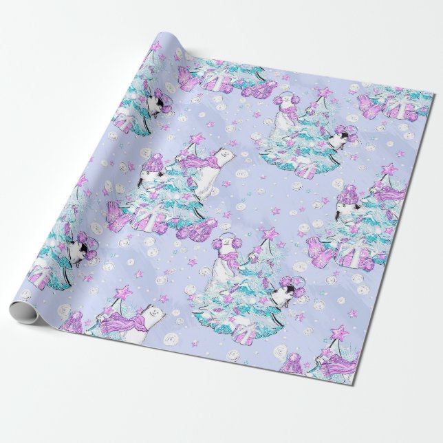 Papel De Presente Aquarela Urso Polar Fofo e Pinguim Natal (Desenrolado)