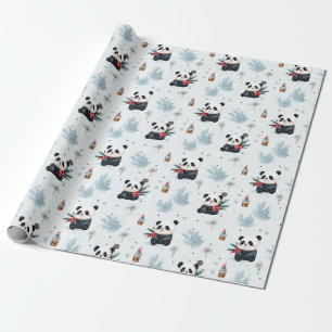 Papel De Presente Aquarelas panda padrão de férias de inverno