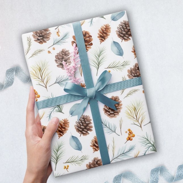 Papel De Presente Aquarelas Pinhas e ramos de frutos com bagas (pine cone Christmas wrapping paper)
