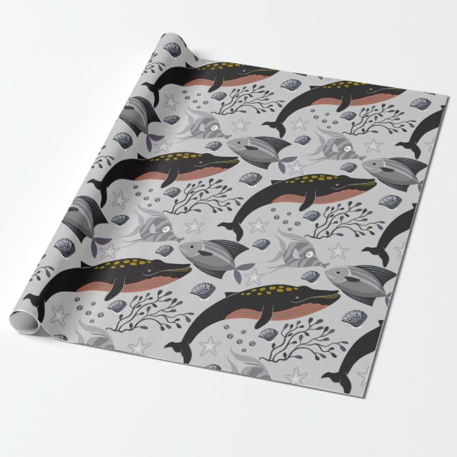 Papel De Presente Aquatic animals pattern | ocean underwater life 22 (Desenrolado)