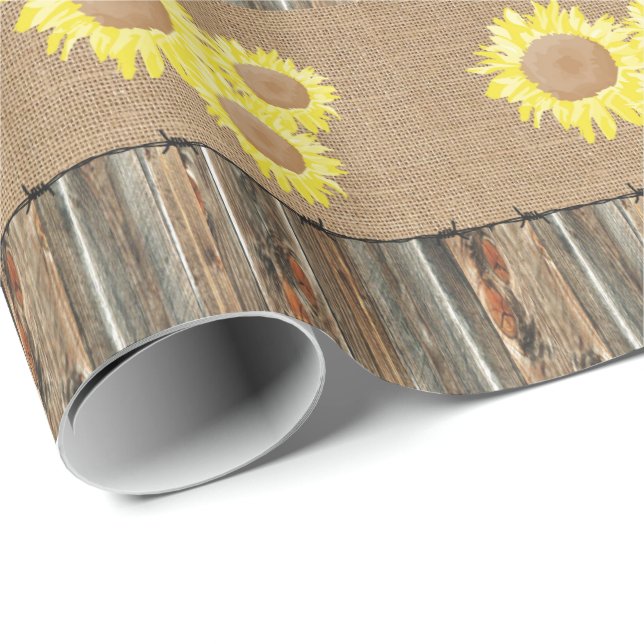 Papel De Presente Arame farpado e girassóis de Barnwood de (Ponta do rolo)