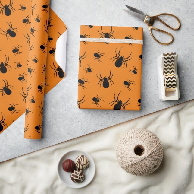 Papel De Presente Aranha padrão de Halloween Preto e Laranja (Artesanato)