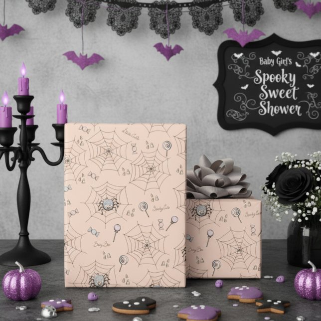 Papel De Presente Aranhas-Bebê, Webs & Candy, Cute-Louco, Laranja (Spooky Gender Neutral Halloween Baby Shower Wrapping Paper. Orange Spiders & Webs Pattern for Kids)
