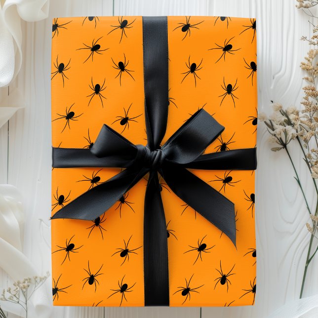 Papel De Presente Aranhas do Halloween Padrão Negro Laranja Assustad (Criador carregado)