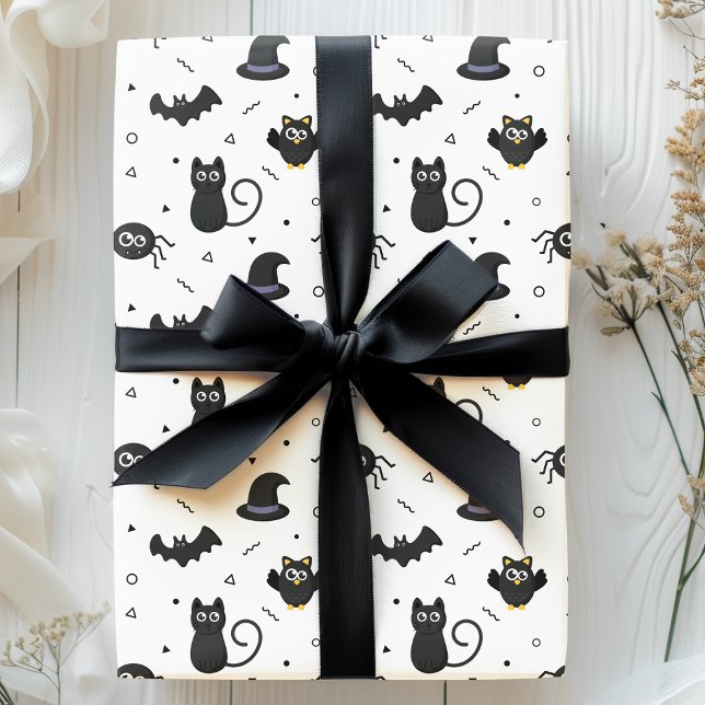 Papel De Presente Aranhas, morcegos e gatos bonitos no Halloween (Criador carregado)