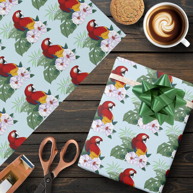 Papel De Presente Arara Vermelha Papagaio Tropical Hibisco Branco Fl (Criador carregado)