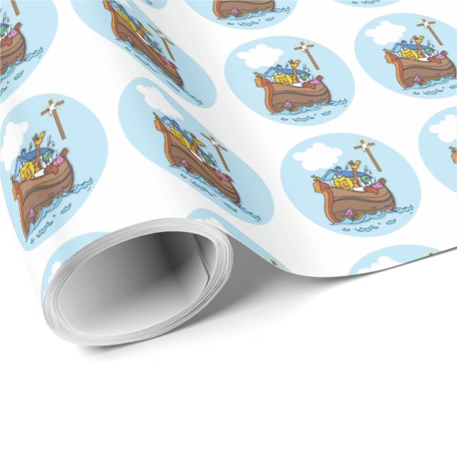 Papel De Presente Arca de Noé Personalizável Batismo de Bebê, Menino (Ponta do rolo)