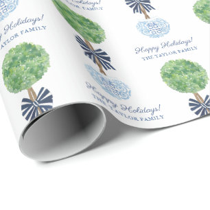 Papel De Presente Arco Branco Azul de Boxwood Ginger Jar