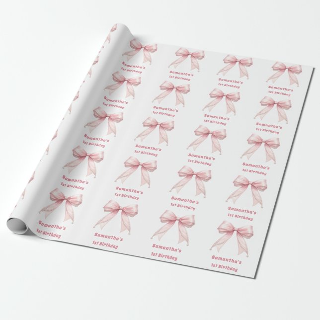Papel De Presente Arco de aniversário rosa pérolas menina (Desenrolado)
