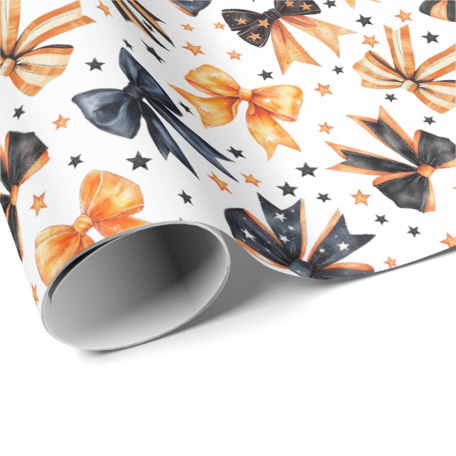 Papel De Presente Arco de Coquetes Laranja Negro Halloween (Ponta do rolo)