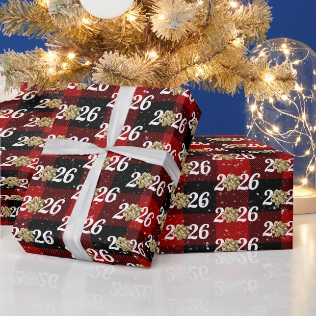 Papel De Presente Arco de Natal Dourado em Xadrez 2026 (Feriados)