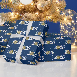 Papel De Presente Arco de Natal Dourado para 2026 em Azul