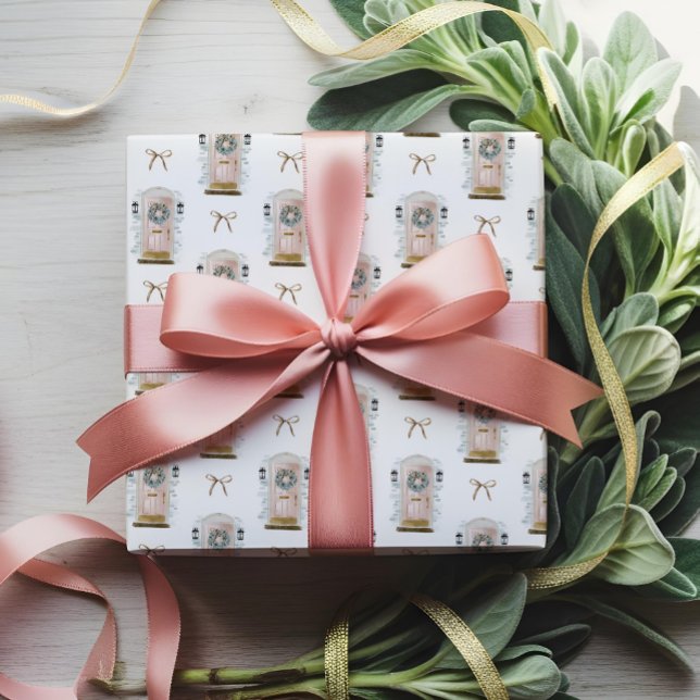 Papel De Presente Arco de Natal Rosa em Aquarela para Porta Frontal (Pink Watercolor Front Door Wreath Bow Holiday Wrapping Paper)