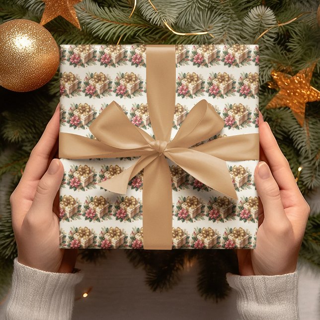 Papel De Presente Arco Dourado Coquette de Poinsettia Vermelha (Criador carregado)