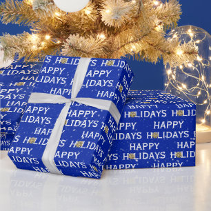 Papel De Presente Arco Dourado de Natal em Azul