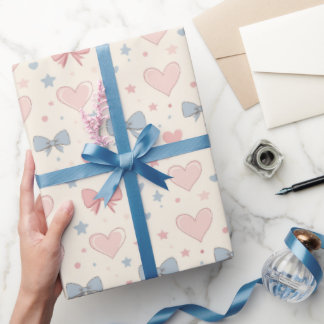 Papel De Presente Arco e padrão cardíaco cor-de-rosa e azul