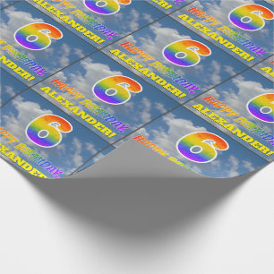 Papel De Presente Arco-íris "6" e "FELIZ ANIVERSÁRIO", Nuvens, Cé