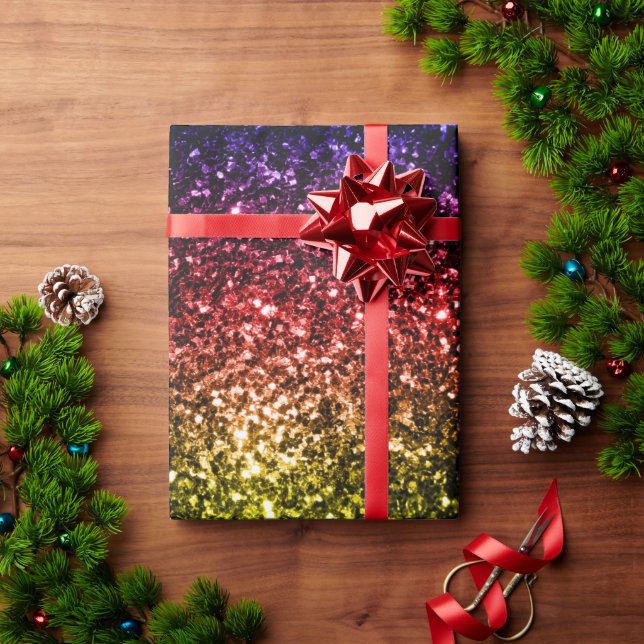 Papel De Presente Arco-íris amarelo vermelho roxo brilho faíscas v2 (Presente de Natal)