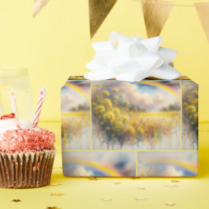 Papel De Presente Arco-Íris Aquarela Sobre Campo De Flor Selvagem