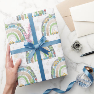 Papel De Presente Arco-Íris Azul e Verde com Carros Sinais de Rua