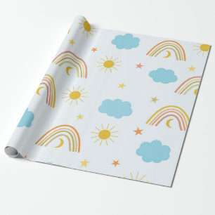 Papel De Presente Arco-íris Boho Laranja com Sol e Nuvens