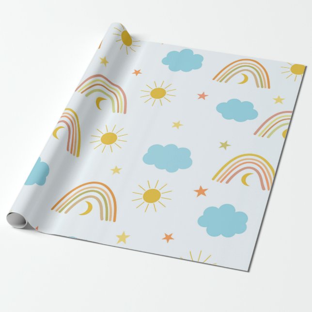 Papel De Presente Arco-íris Boho Laranja com Sol e Nuvens  (Desenrolado)