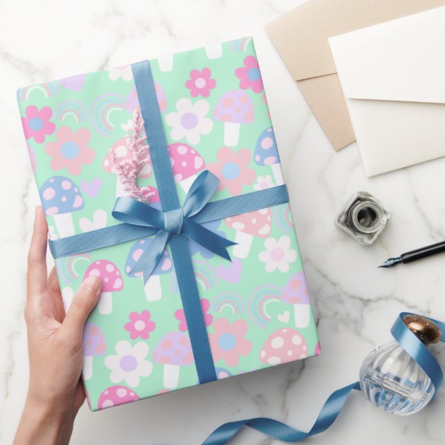 Papel De Presente Arco-Íris, Cogumelos Frescos E Flores (Presentear)