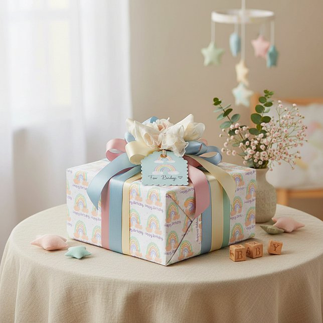 Papel De Presente Arco-íris e estrelas bebê aniversário (Criador carregado)