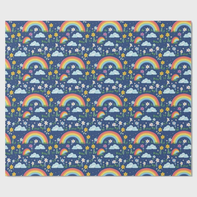 Papel De Presente Arco-Íris, Flores e Padrões de Nuvens sem Costura (Aberto)