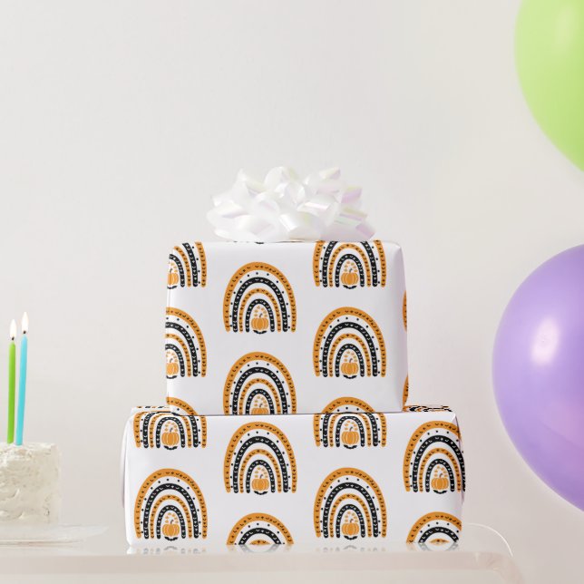 Papel De Presente Arco-íris Laranja e Preto Morcegos Brancos Hallowe (Presentes para festas)