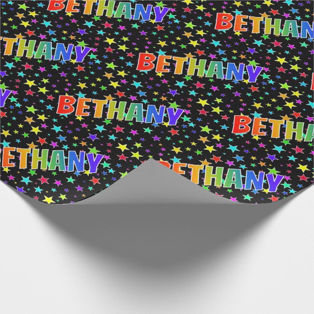 Papel De Presente Arco-Íris Nome "BETHANY" + Estrelas (Ponta)
