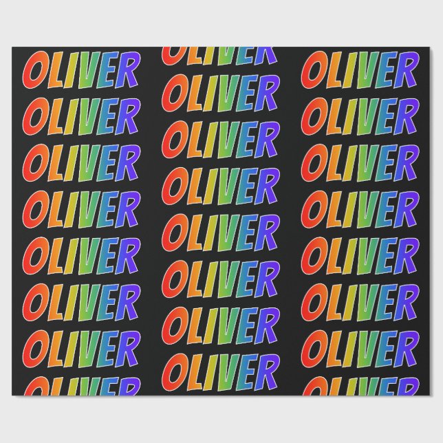 Papel De Presente Arco-Íris Nome "OLIVER"; Divertido e Colorido (Aberto)