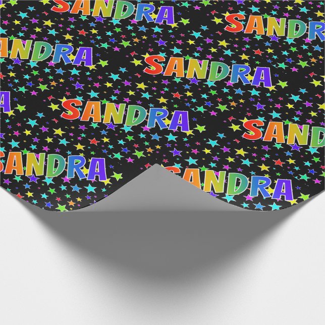 Papel De Presente Arco-Íris Nome "SANDRA" + Estrelas (Ponta)