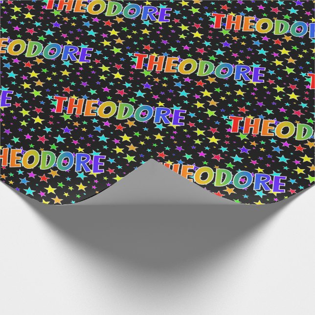 Papel De Presente Arco-íris Primeiro Nome "THEODORE" + Estrelas (Ponta)