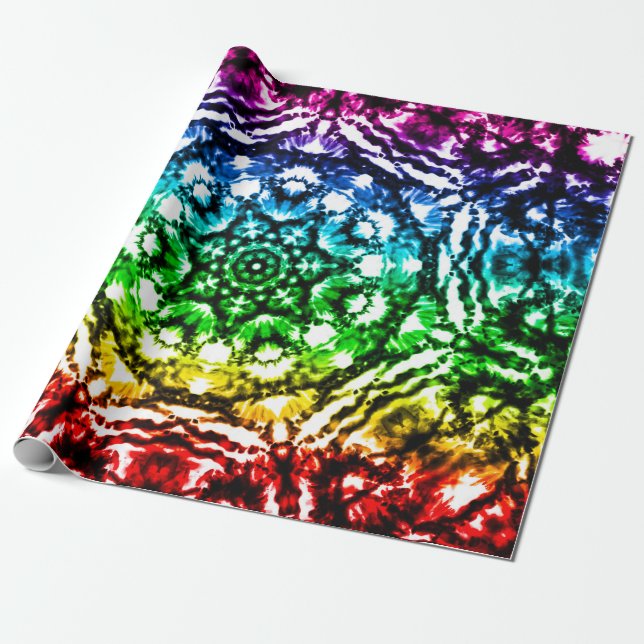 Papel De Presente Arco-íris Tie Dye Mandala Estrela Festa de Anivers (Desenrolado)