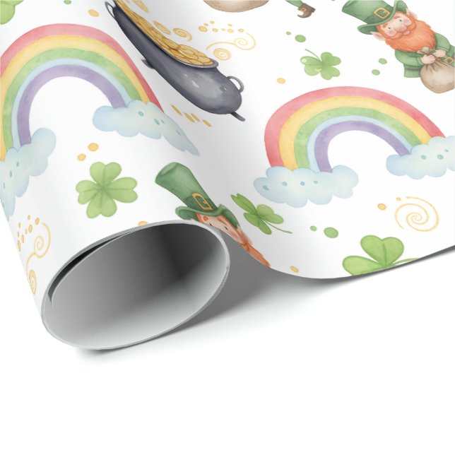 Papel De Presente Arco-íris Trevos Duendes Dia de São Patrício (Ponta do rolo)