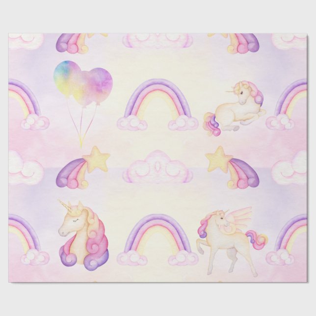 Papel De Presente Arco-íris Unicórnios Nuvens E Estrelas Pastéis Sua (Barra)