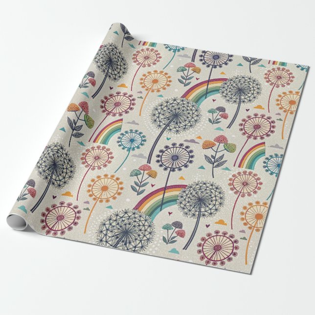 Papel De Presente Arco-Íris Whimsical e Dandelions Botânicos (Desenrolado)