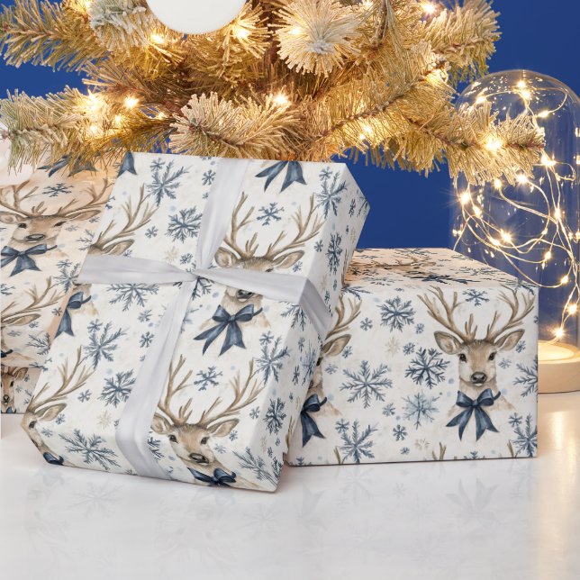 Papel De Presente Arcos Azuis Veado Natal Flocos de Neve (Feriados)
