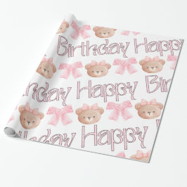 Papel De Presente Arcos Coquette e Urso de Teddy - Feliz Aniversário