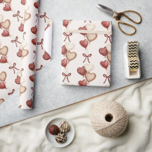 Papel De Presente Arcos Corações Brancos Creme Vermelho Amor