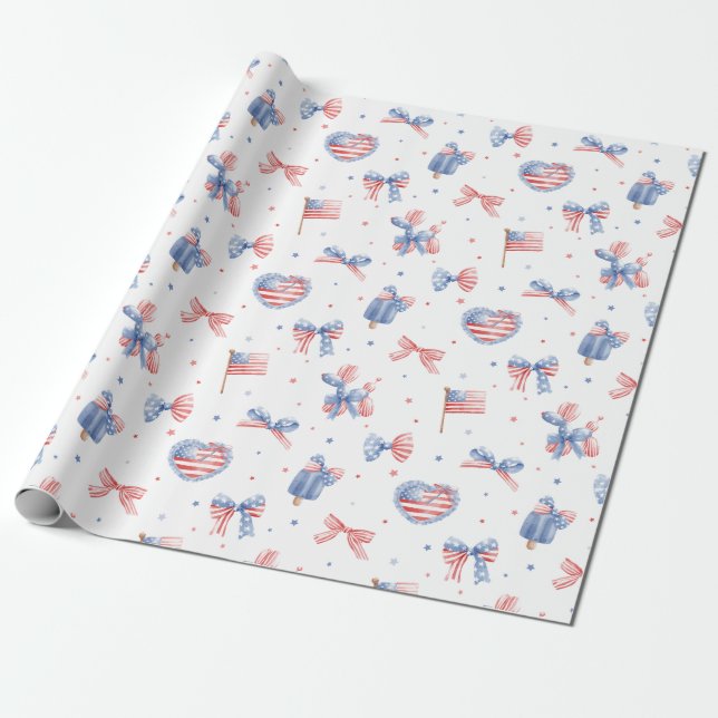 Papel De Presente Arcos de Aquarela Preppy Padrão 4 de Julho (Desenrolado)
